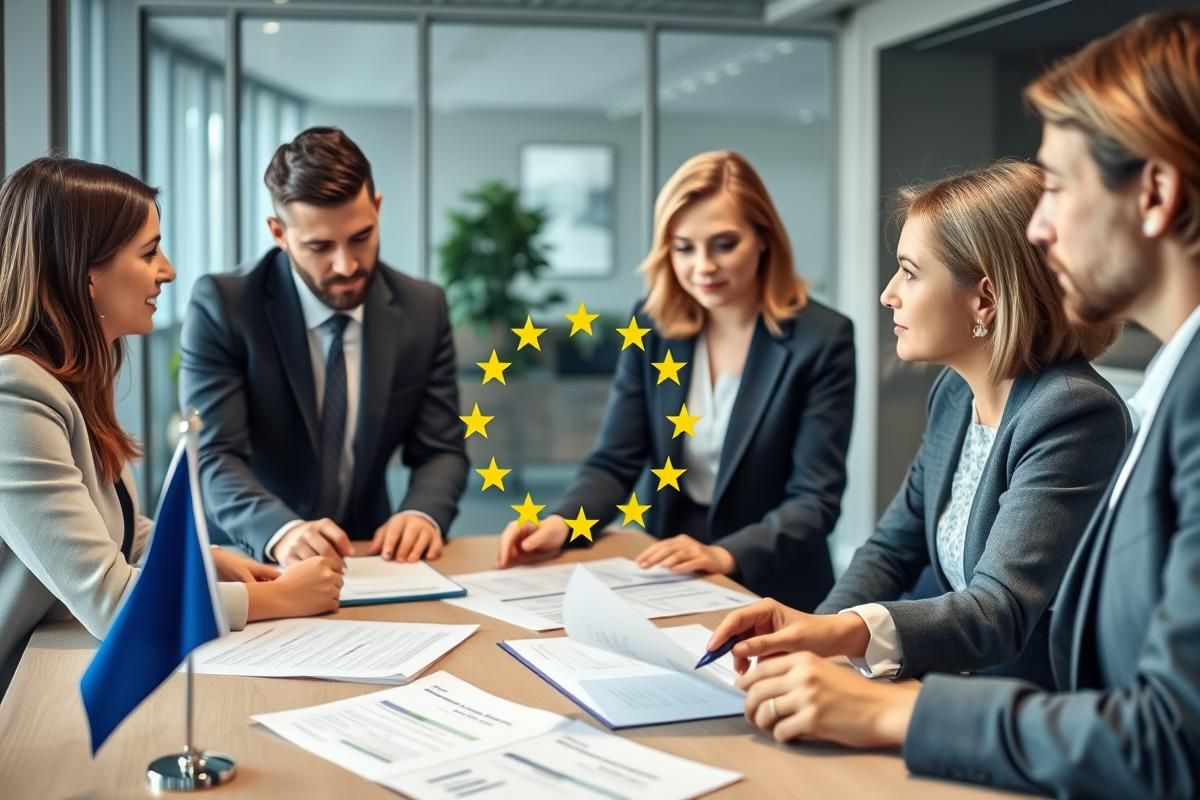 Executives discussing anti-money laundering compliance strategies in a modern office setting with EU symbolic elements.