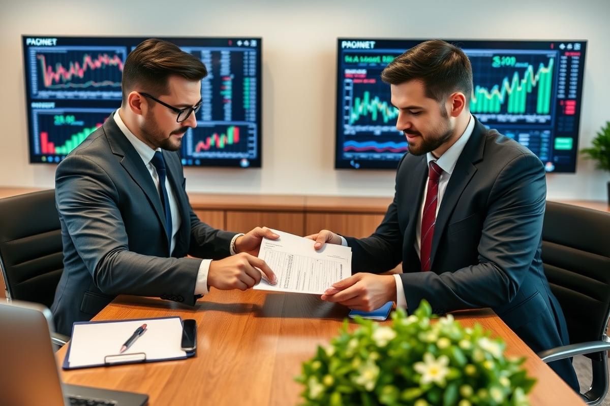 Executives shaking hands in a business setting with sports betting market charts in the background.
