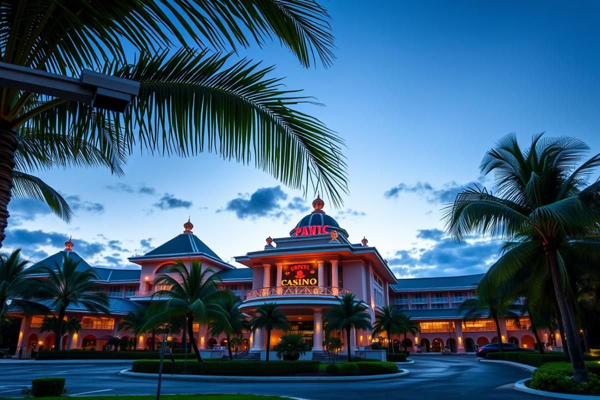 Exterior view of a tropical casino resort in the Dominican Republic with visible security measures.