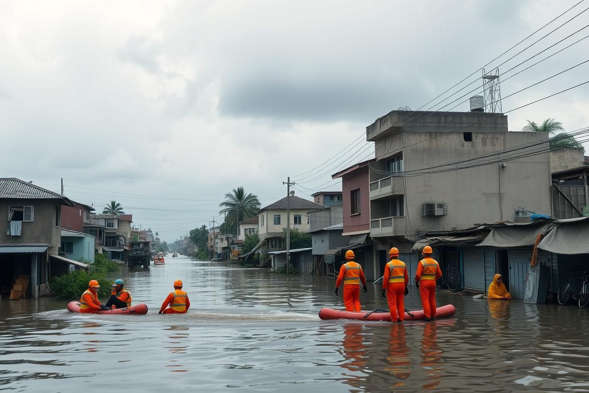 Flooded African city with rescue teams helping stranded residents after a natural disaster.