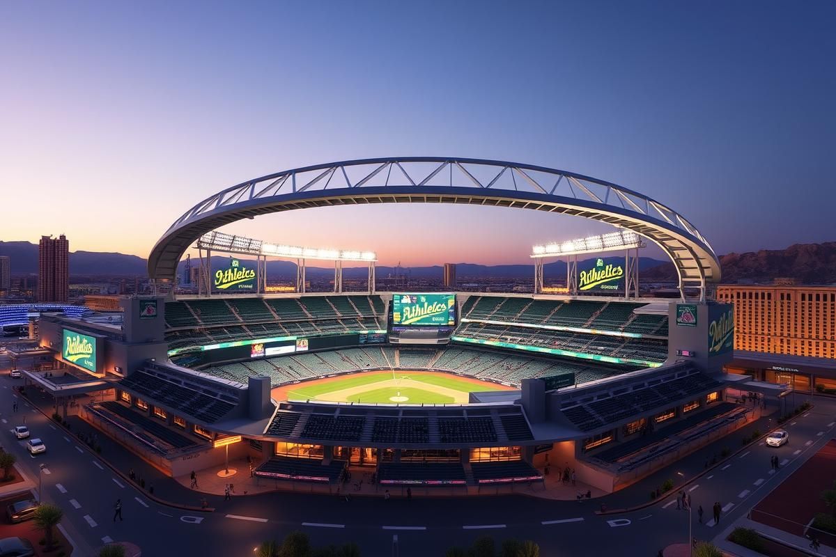 Future Las Vegas Athletics stadium with retractable roof and modern architecture.