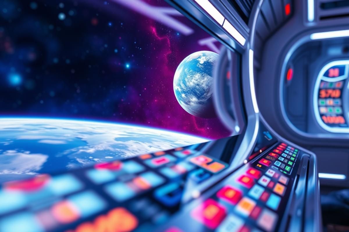 Futuristic slot machine console with vivid cosmic visuals reflecting Earth through a spaceship window.