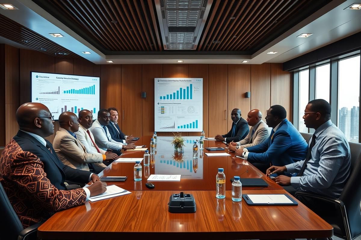 Government and business leaders in Africa discussing strategies for economic resilience in a well-lit conference room.