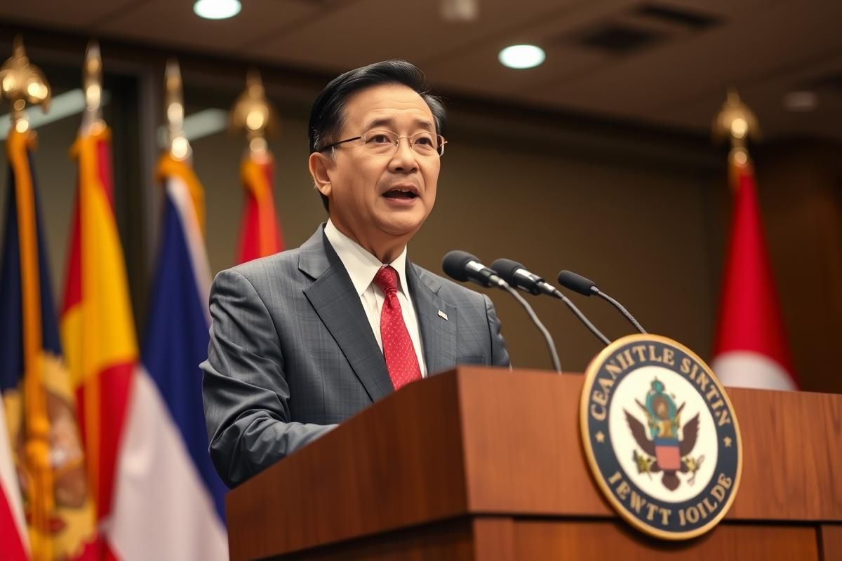 Government official addressing the public about the Anti-POGO Act of 2025 in the Philippines.