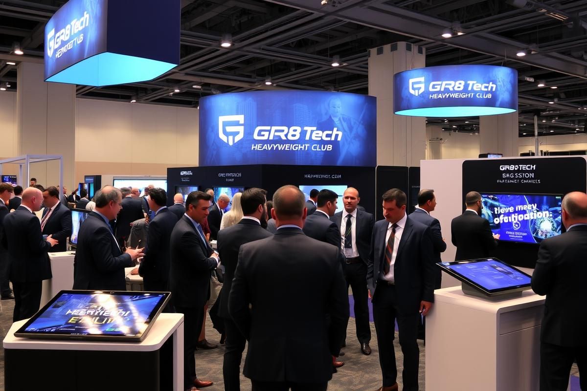 GR8 Tech booth showcasing the Heavyweight Club at a trade event with business professionals interacting.