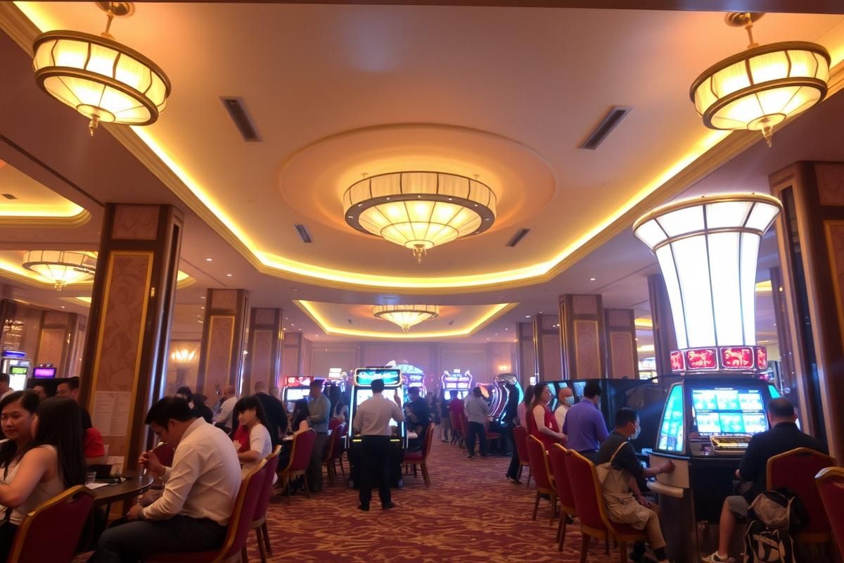 Guests and employees inside a Macau casino during Typhoon Wipha, taking shelter in a well-prepared and secure environment.