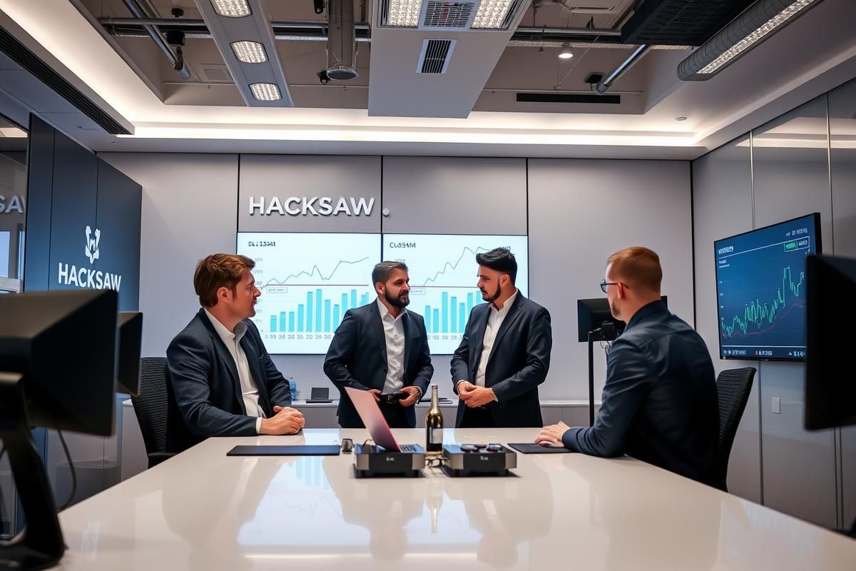 Hacksaw Gaming executives in a professional office reviewing expansion strategies with growth charts visible.
