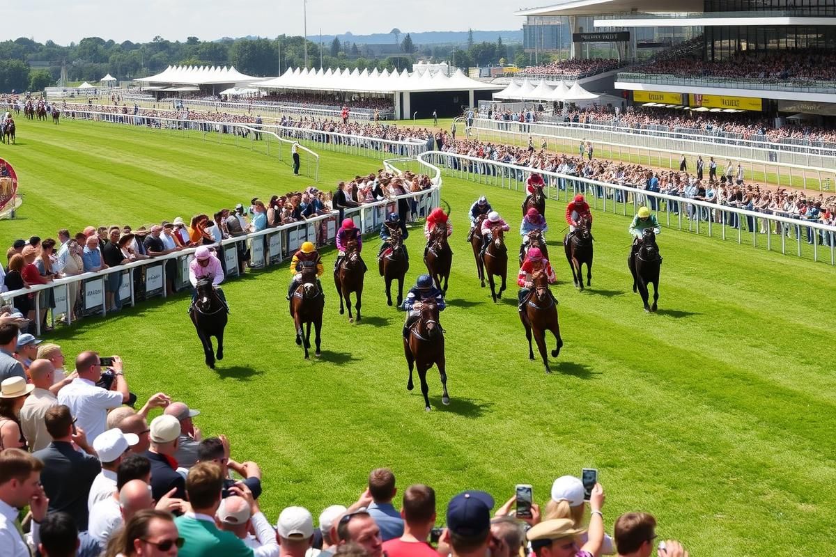 Horse racing event at The Curragh with jockeys riding in action and a cheering crowd in the background.