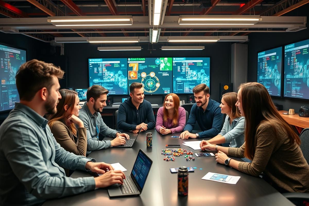 iGaming professionals brainstorming new game designs and player strategies in a collaborative and modern studio setting.