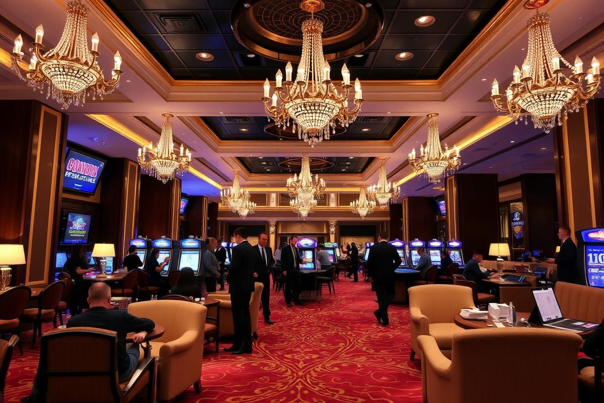 Interior of a luxurious casino lounge featuring velvet chairs, crystal chandeliers, and patrons enjoying an upscale atmosphere.