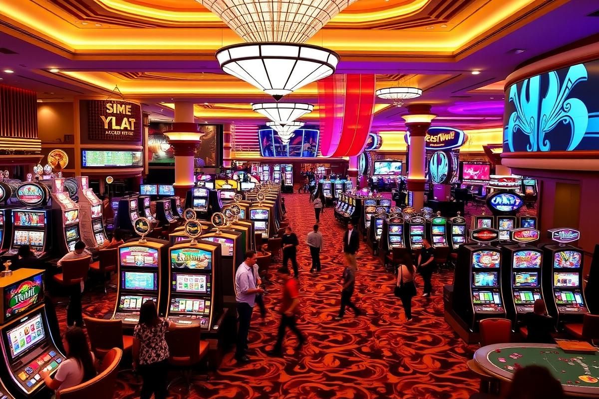 Interior of Resorts World NYC's casino floor with slot machines, tables, and people enjoying gaming activities.