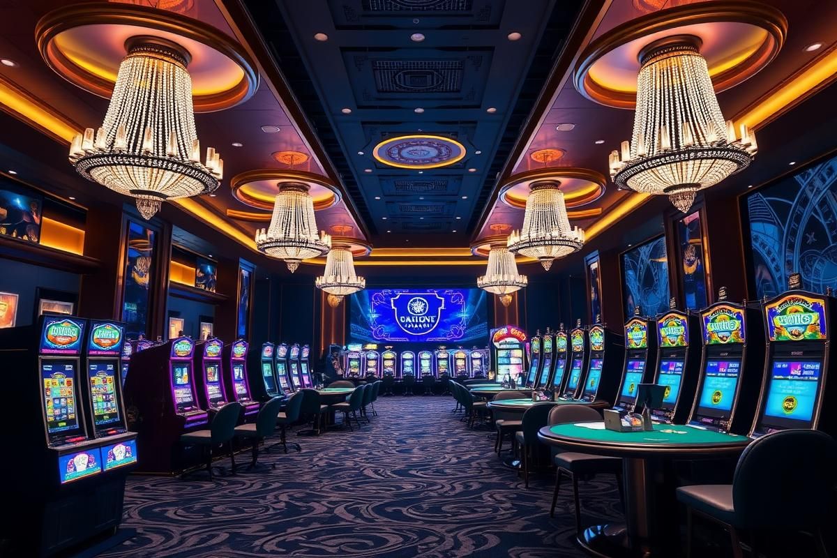Interior view of a proposed Brazilian casino with gaming tables and slot machines.