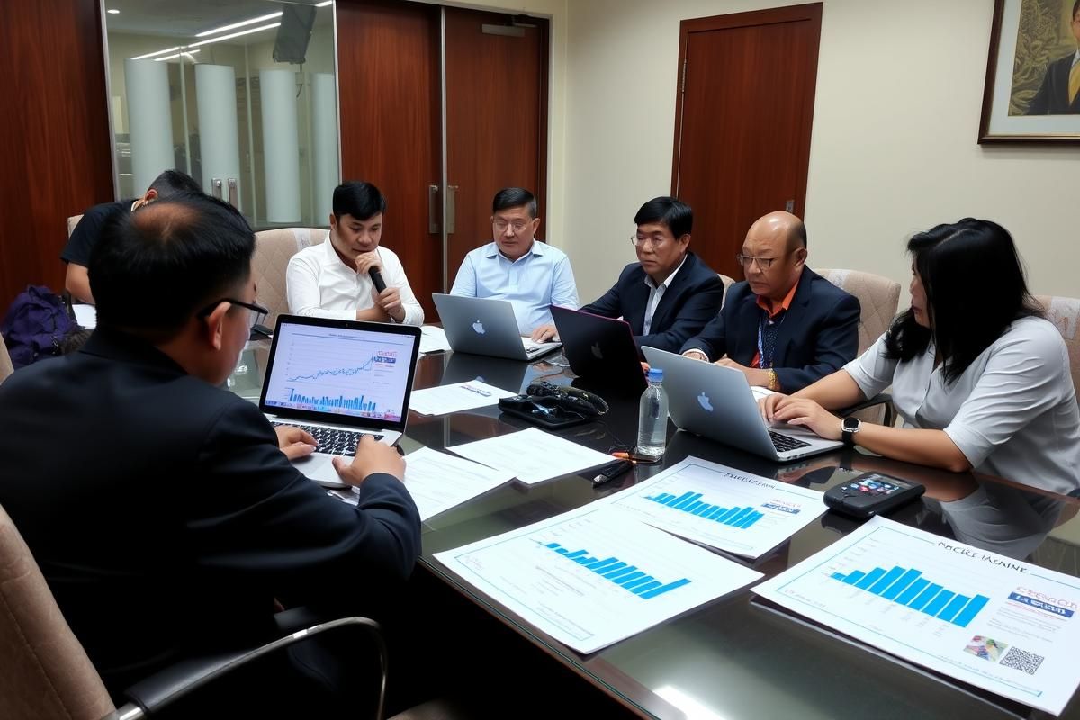 Lawmakers and industry experts analyzing online gambling data and policies in a meeting room in the Philippines.