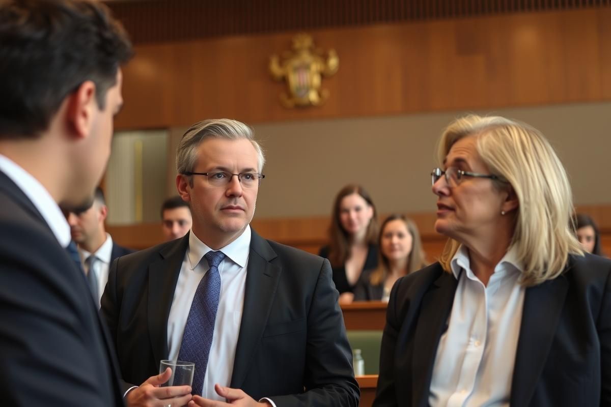 Legal professionals in a courtroom discussing a high-profile anti-money laundering case.