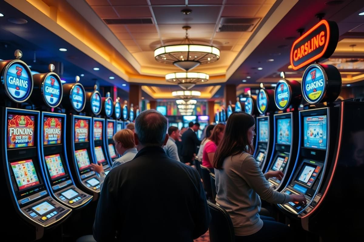 Licensed casino with patrons playing legal slot machines, showcasing a secure and authorized gambling environment.