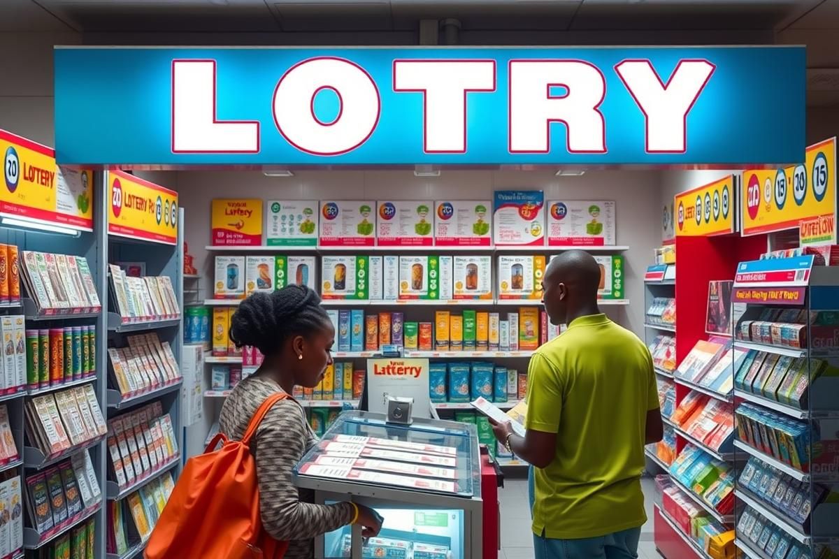 Lottery retail staff and customers interacting at a lottery store in Africa.