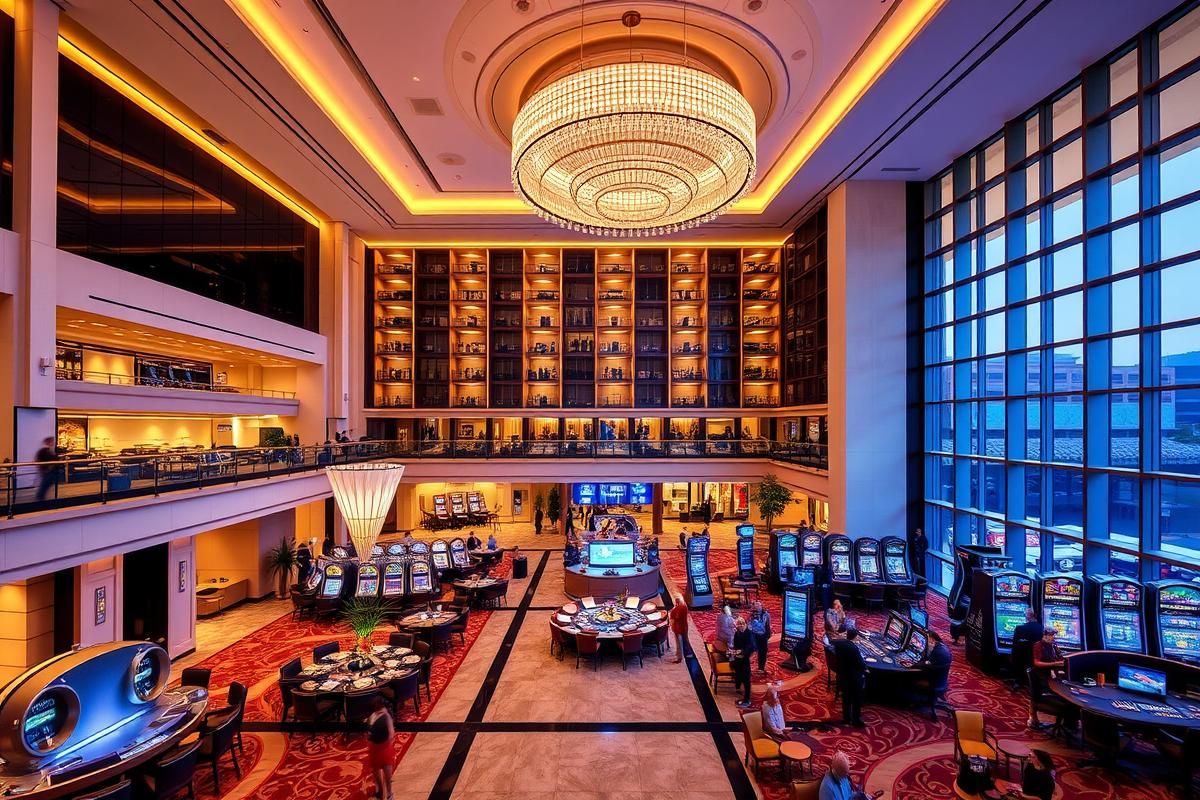 Luxury hotel lobby with a connected casino floor, upscale design, and high-end amenities.