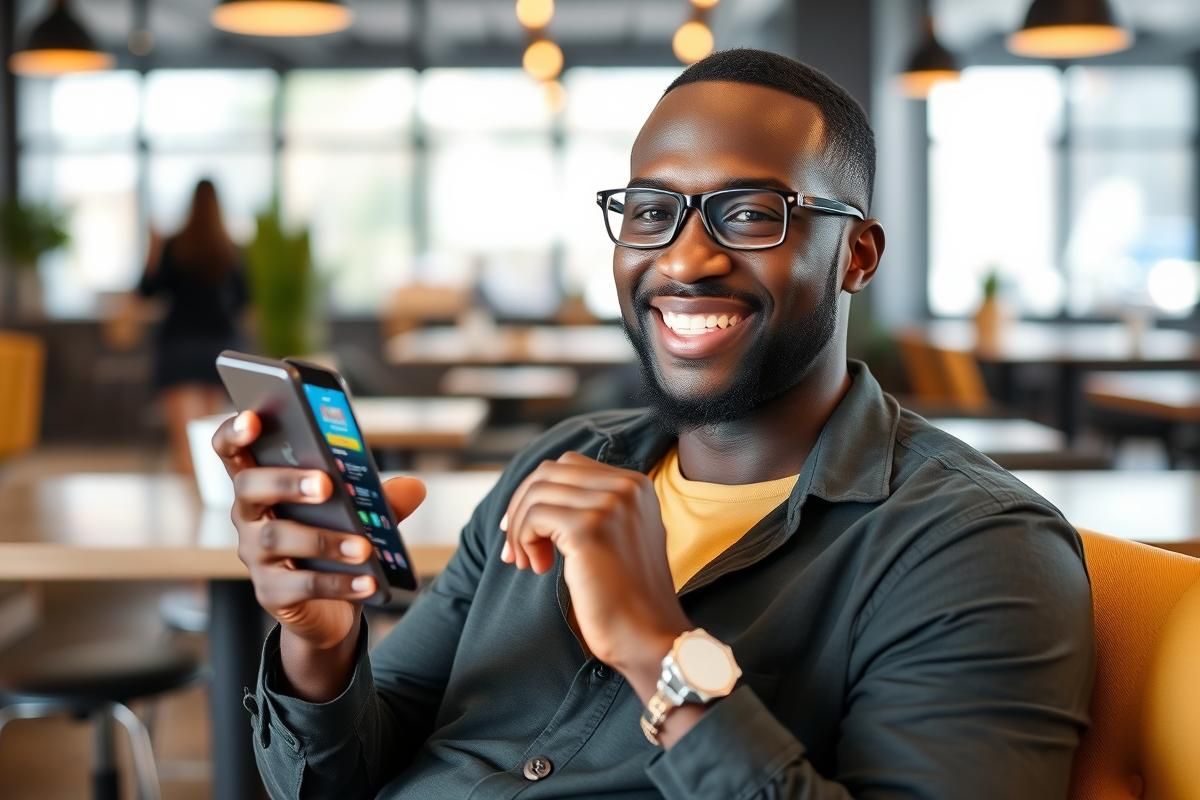 Man in Africa using a smartphone to access an online prize draw app in a modern café.