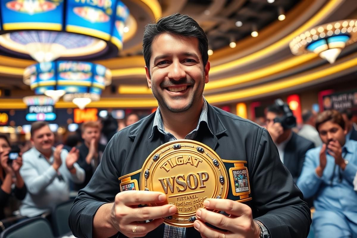 Michael Mizrachi holding a WSOP gold bracelet at the 2025 Main Event surrounded by cheering spectators.