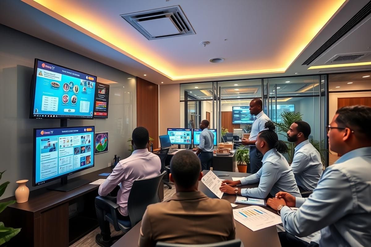 Modern African gaming office featuring professionals and advanced omni-channel gaming solutions.