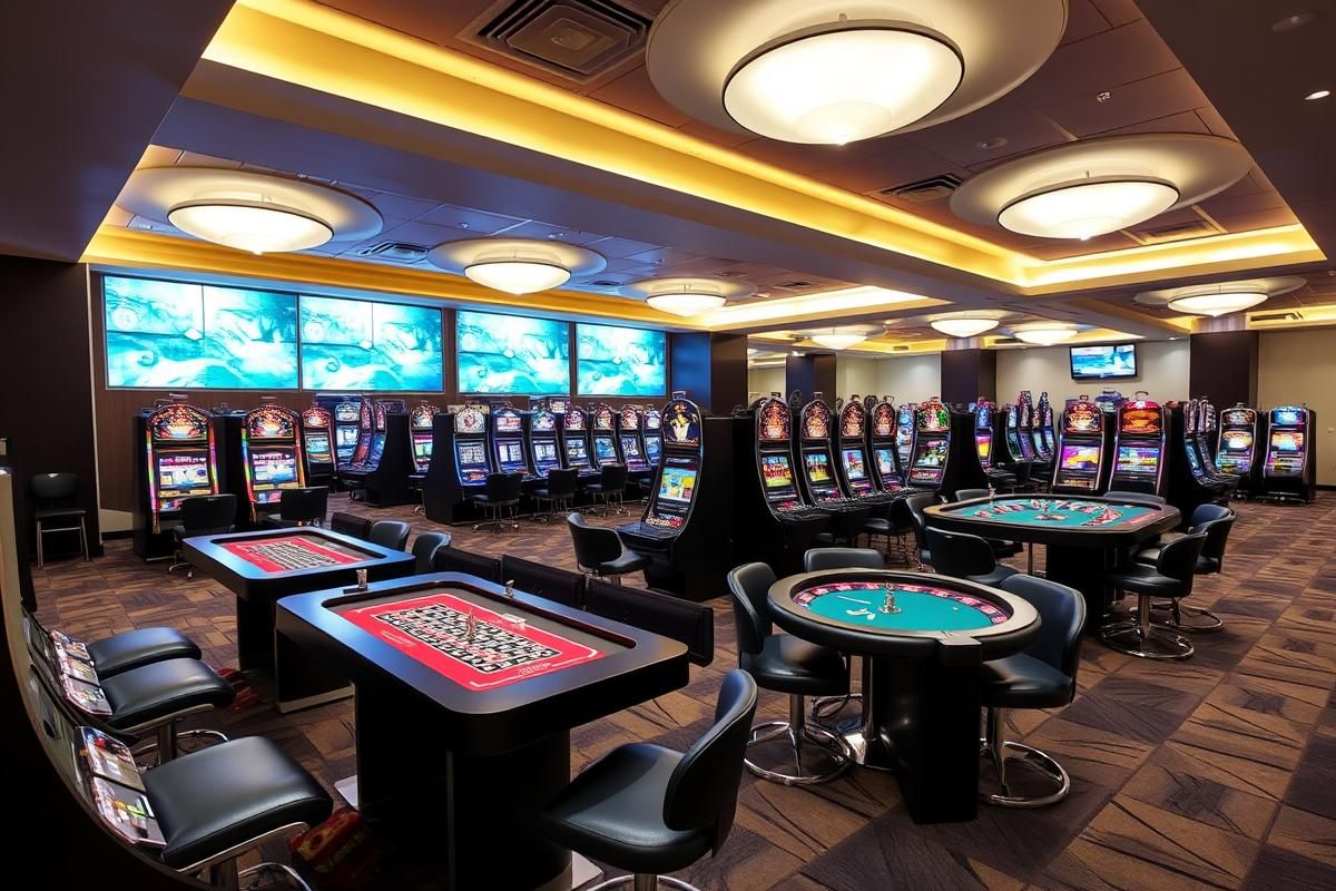 Modern casino floor with premium slot machines and roulette tables in a high-end venue.