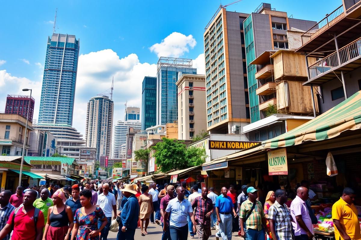 Modern cityscape of Lagos with marketplaces and diverse crowds.