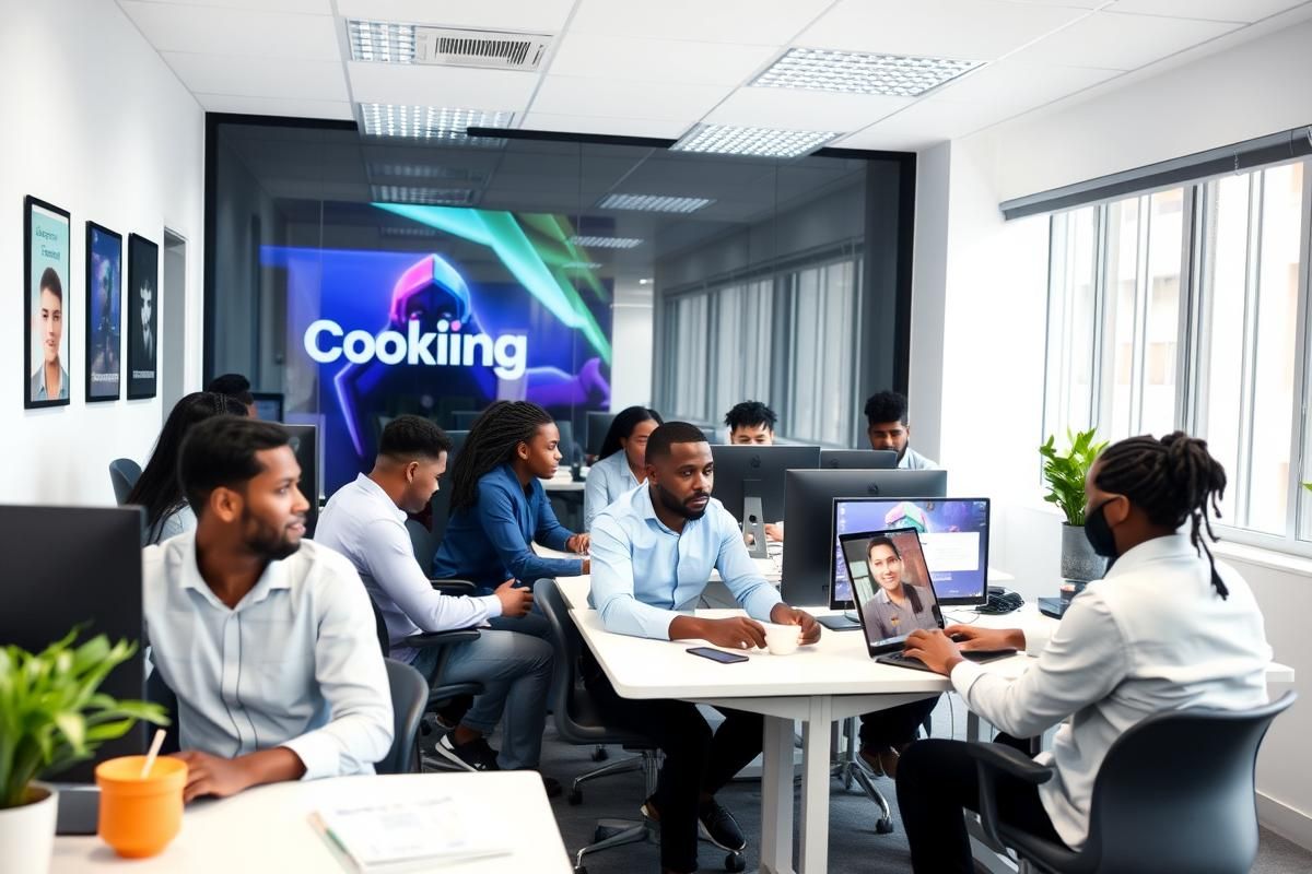 Modern gaming startup office in Africa with employees collaborating and using technology tools.