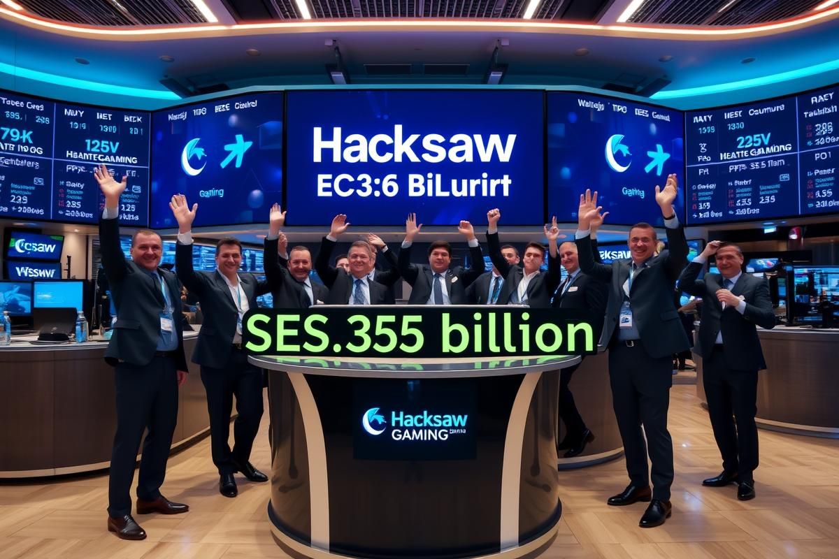 Modern Nordic stock exchange digital board displaying Hacksaw Gaming IPO announcement.