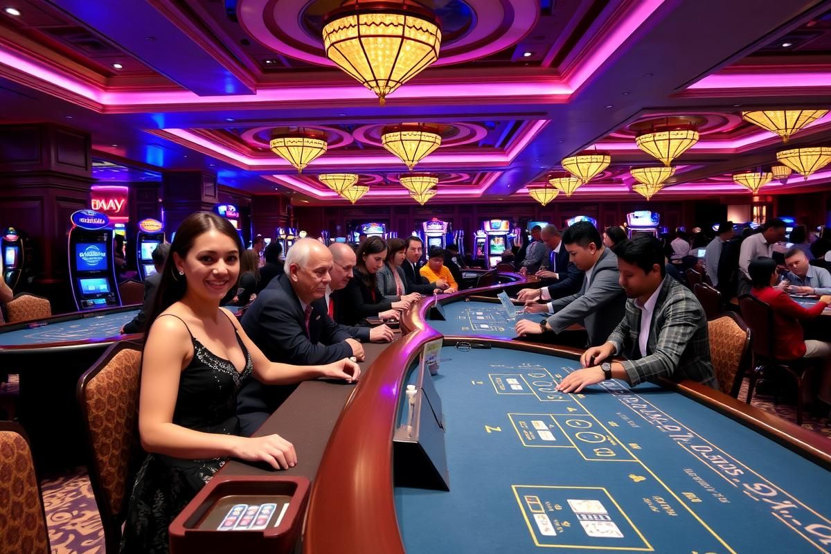 Opulent casino floor with gaming tables and international tourists betting.