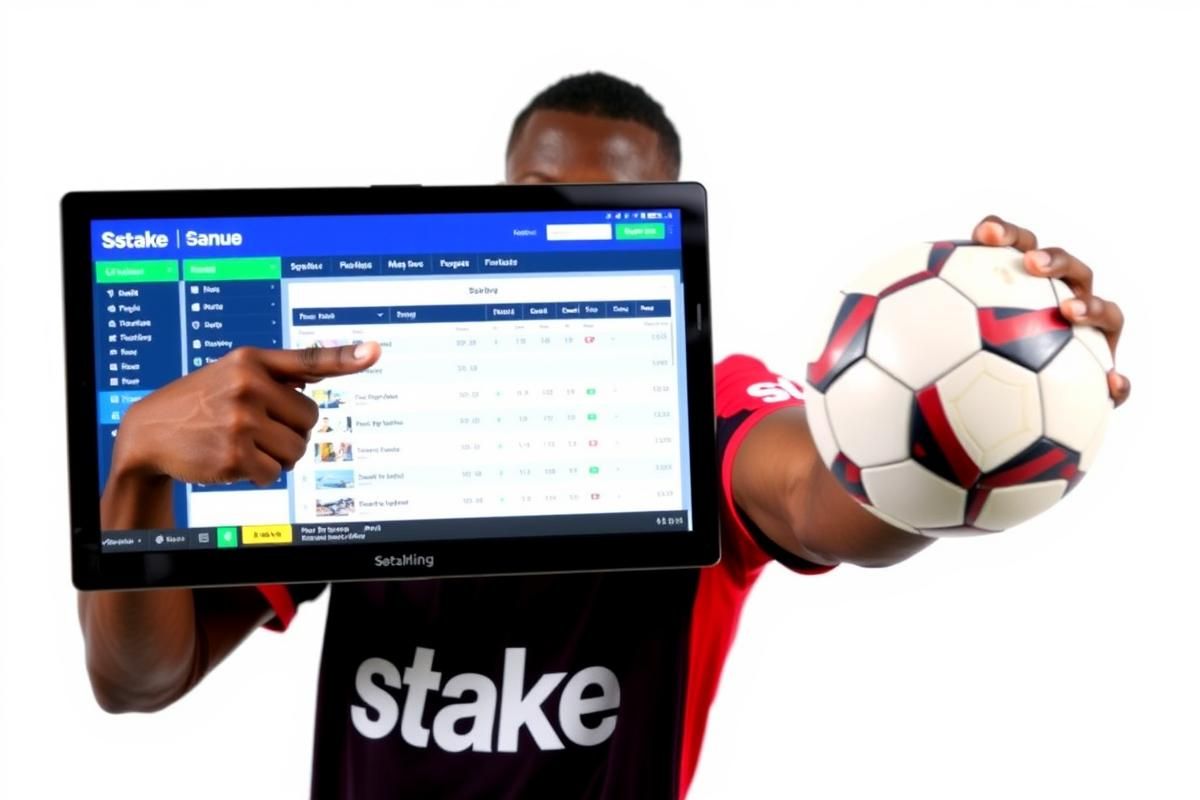 Patrice Evra in an action pose promoting Stake's iGaming platform with football and betting interface visible.