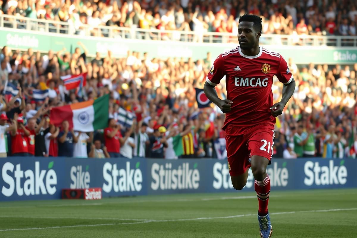 Patrice Evra on a football pitch with Stake branding in the background.