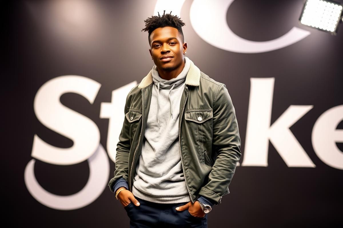 Patrice Evra smiling confidently next to Stake logo, representing the brand partnership.