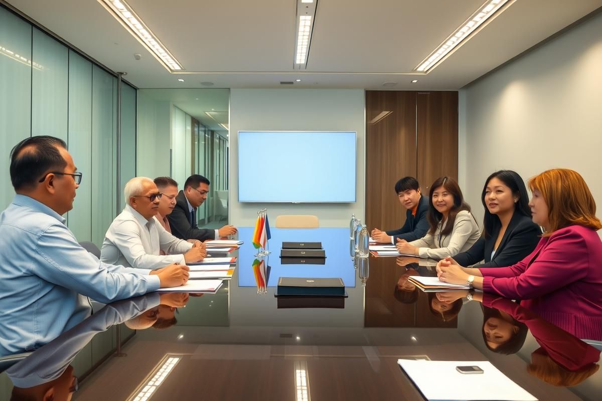 Philippine officials in a modern office reviewing anti-money laundering reforms around a conference table.
