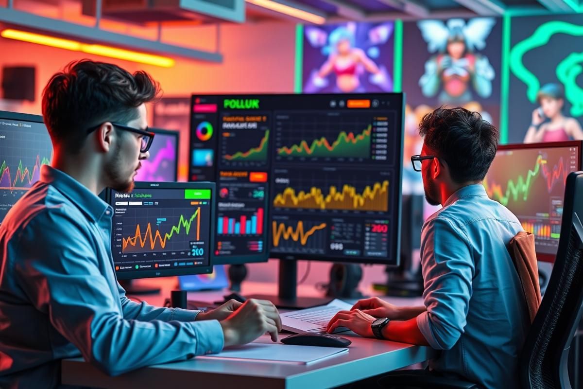 Professional digital gaming office showing developers analyzing online gaming trends in the Philippines, vibrant and modern setting.