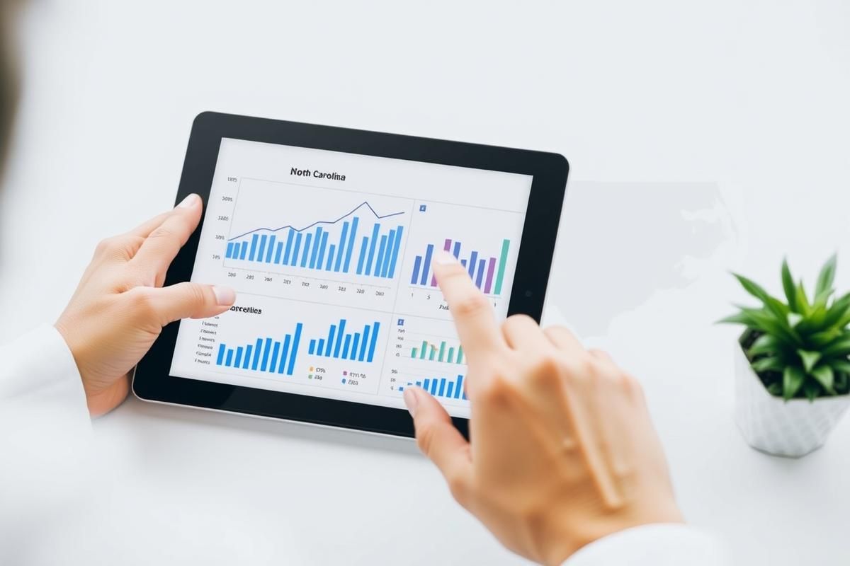 Professional financial summary scene featuring graphs, charts, and a tablet, with North Carolina state map.
