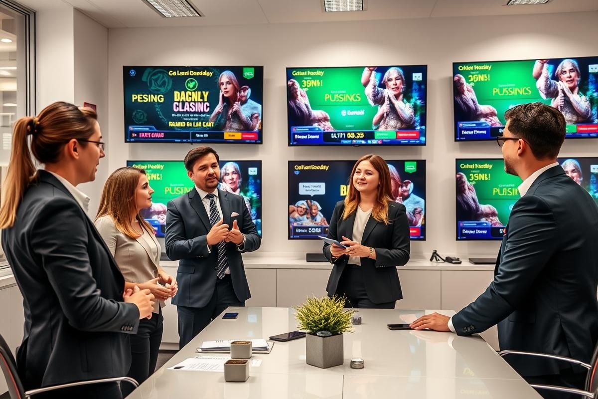 Professional marketing team reviewing compliance standards for gambling ads on office screens.
