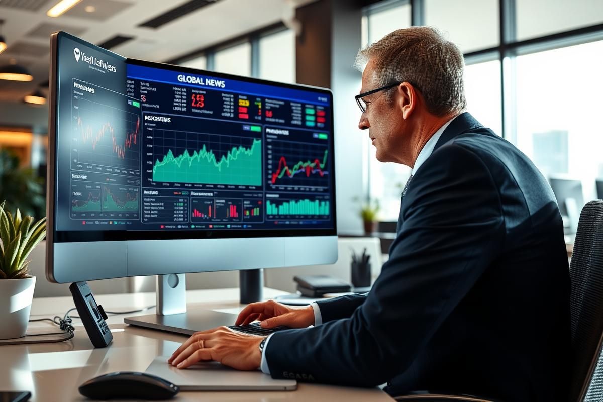 Professional news analyst reviewing data charts and global news updates in a modern office setting.