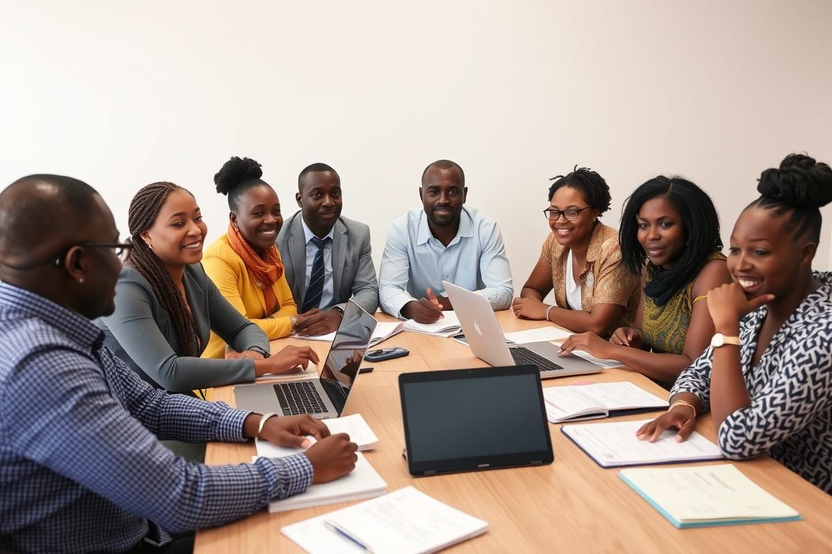Professionals discussing business strategy at a conference table in an African office.