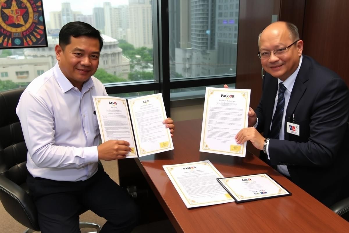 Regulatory officials in a professional office setting signing a memorandum about gambling ad regulations with an urban Manila view.