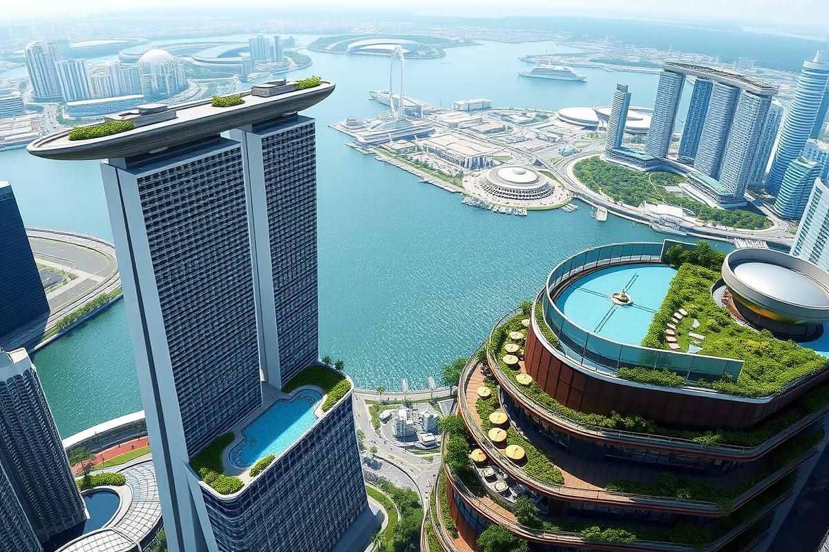 Rendering of a new 55-floor Marina Bay Sands hotel tower with rooftop gardens and infinity pools overlooking Marina Bay.