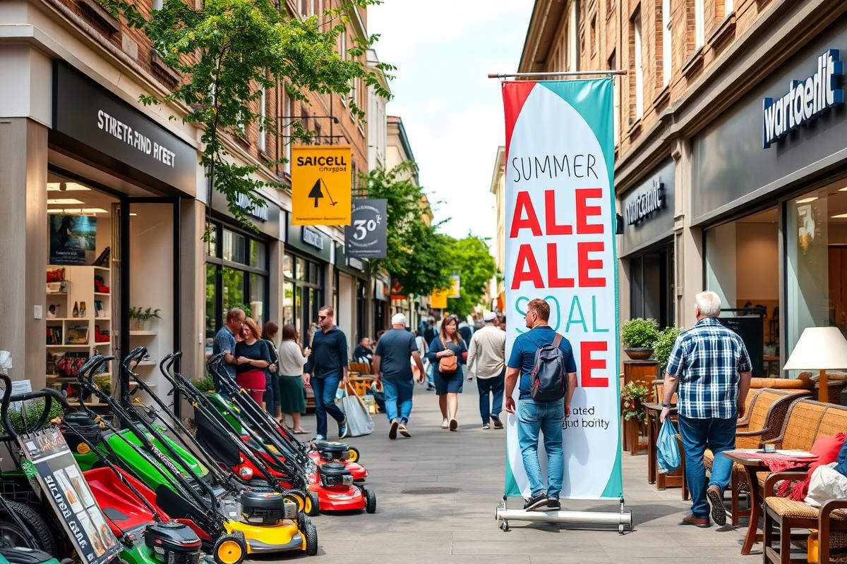 Shoppers browsing outdoor equipment and furniture during a 4th of July sale at a busy market street.
