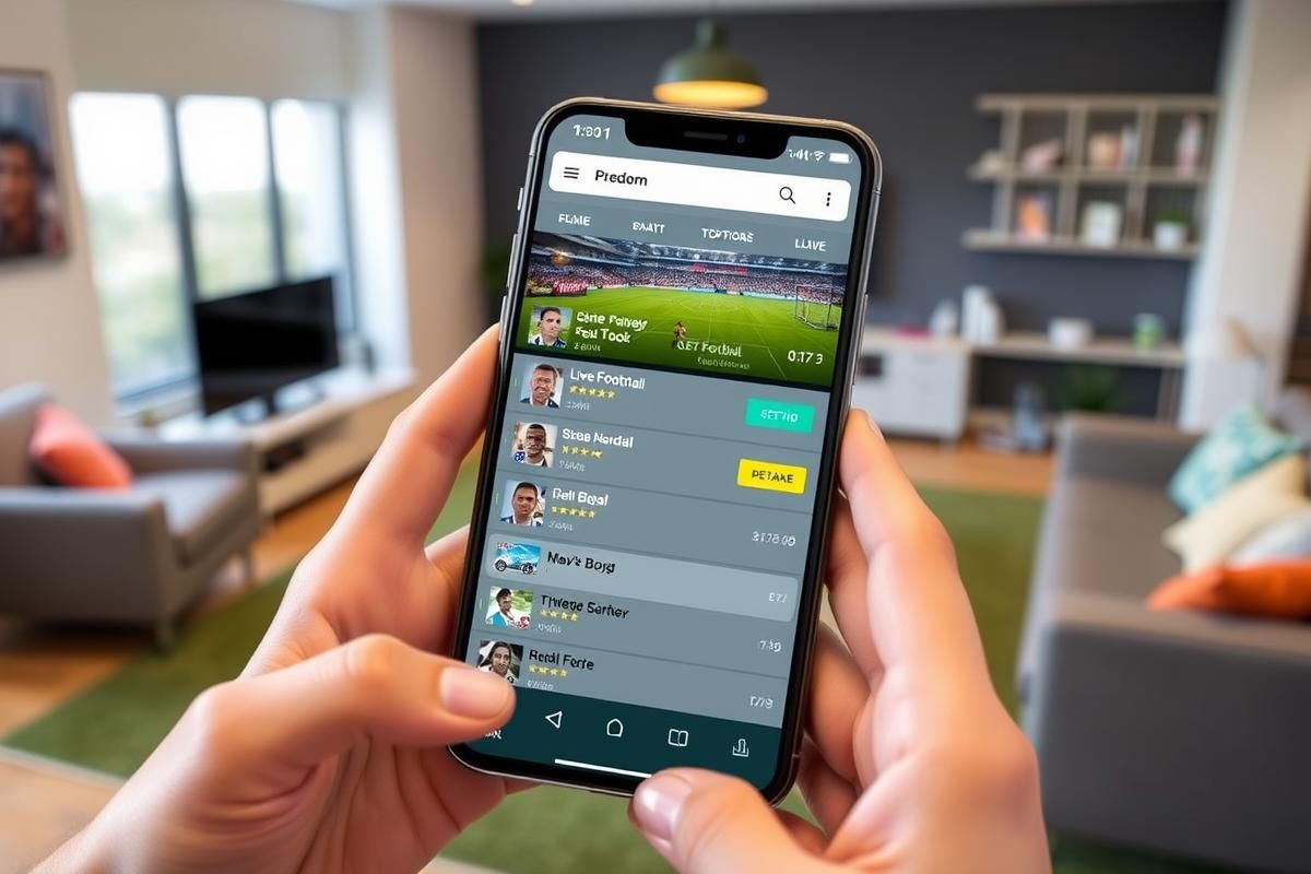 Smartphone displaying a sportsbook interface with live football betting options in a home setting.