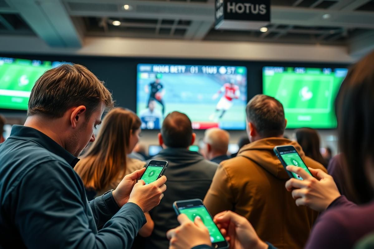 Sports bettors using mobile devices during a live football match, showcasing the dominance of mobile sports betting in Denmark.