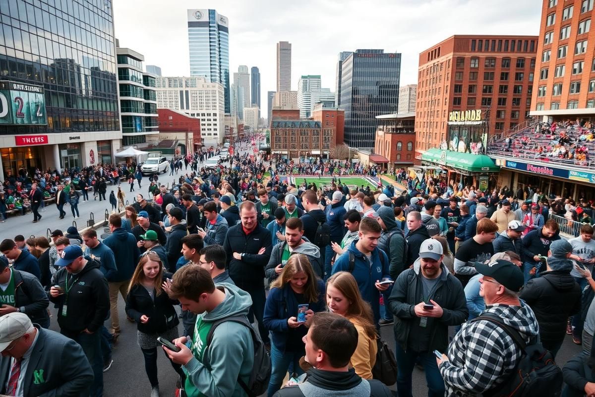 Sports fans using smartphones for betting apps during a live event in Pennsylvania.