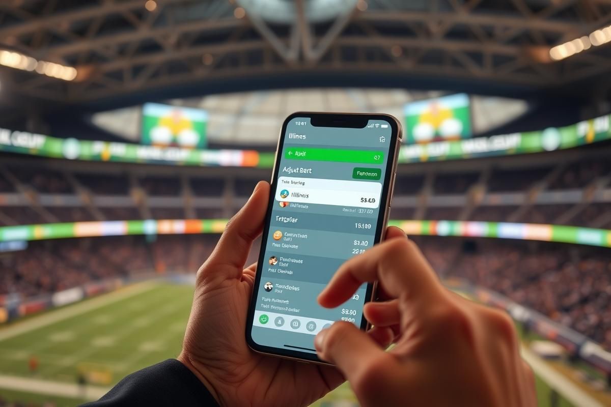 Sportsbook customer using a smartphone with betting app visible, showing BetMGM minimum bet adjustment in Illinois.