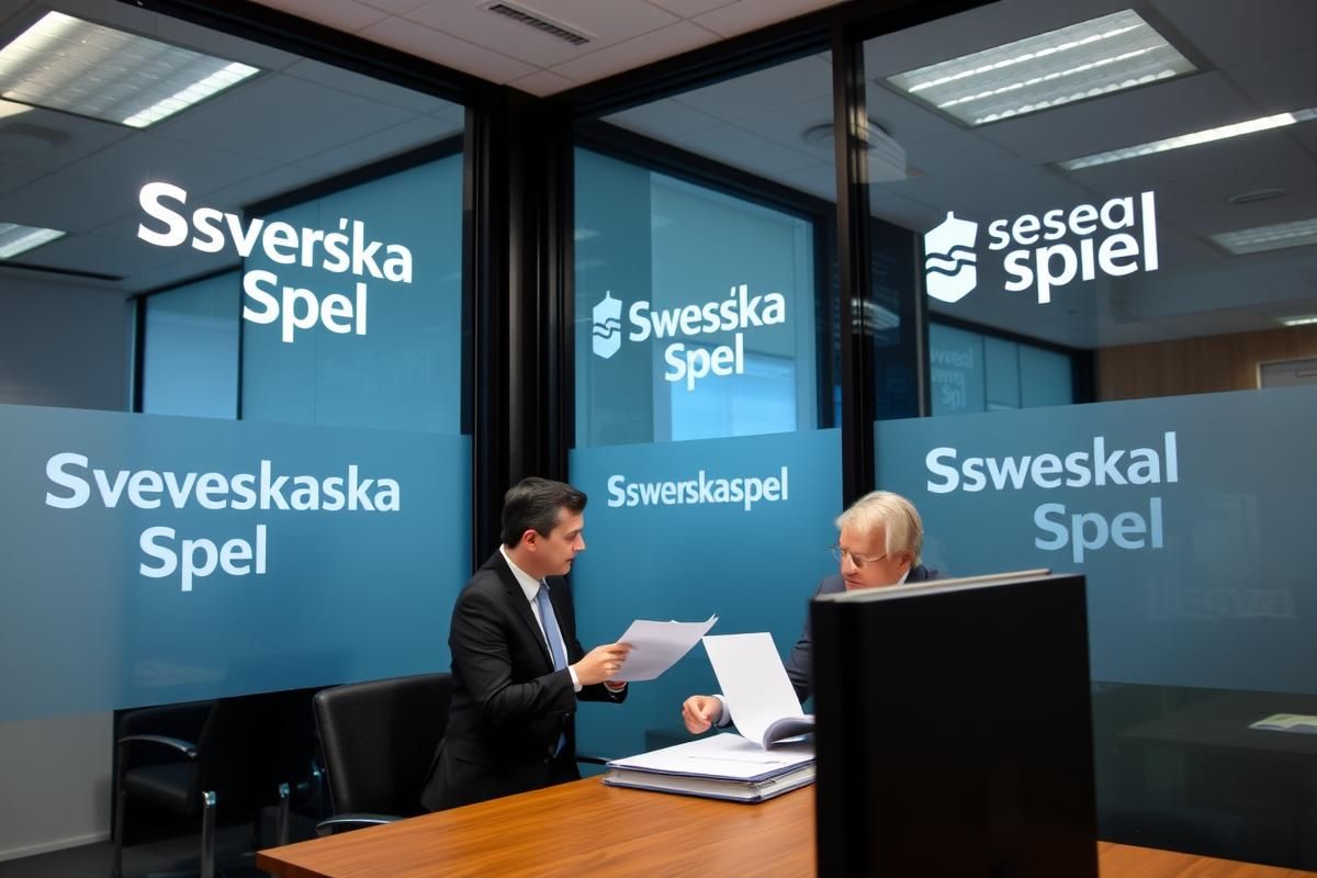 Svenska Spel executives in a corporate meeting discussing legal proceedings with documents in focus.