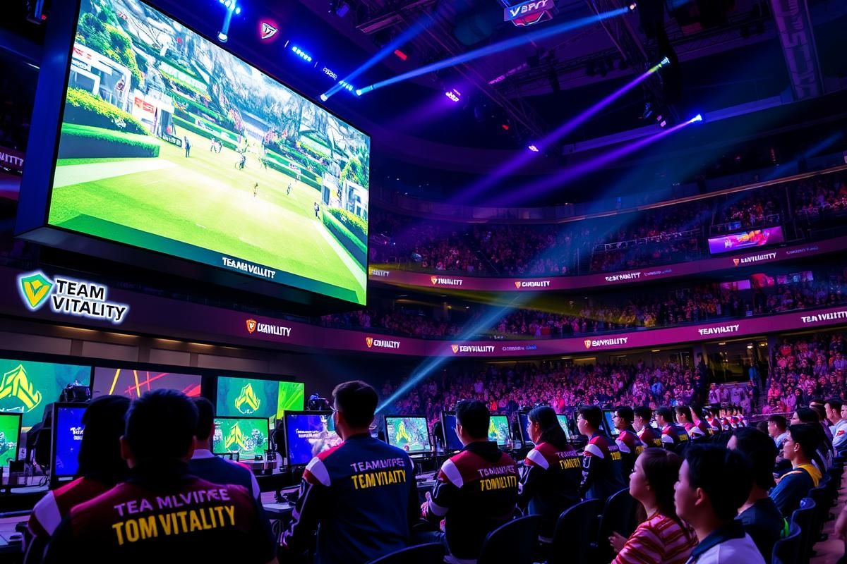 Team Vitality players competing at an esports tournament with an audience in a vibrant arena.