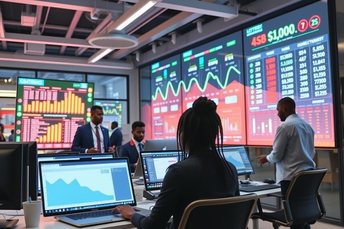 Tech professionals designing innovative lottery systems in a cutting-edge office environment.