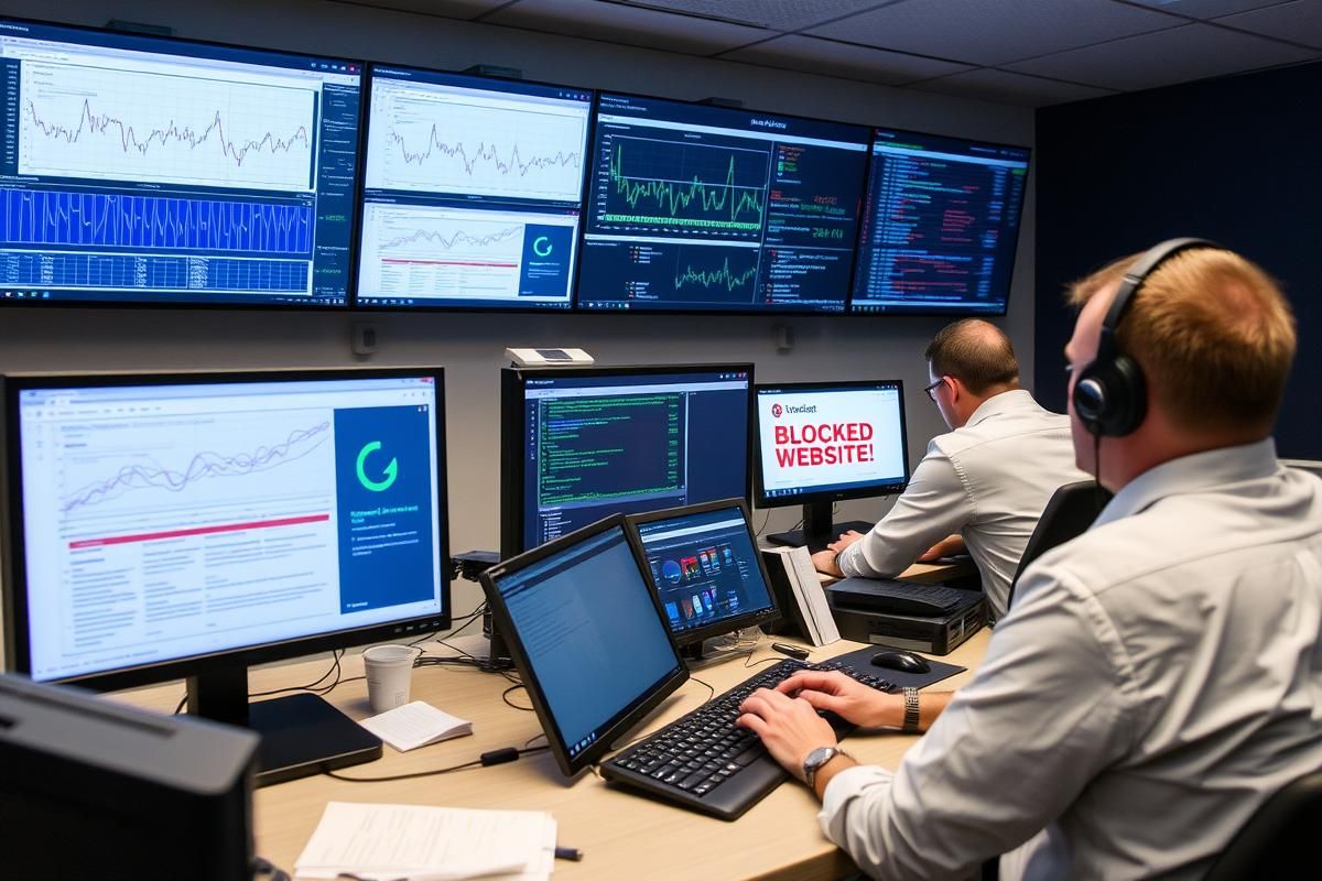 Telecom operations room with engineers blocking access to illegal websites in Denmark.