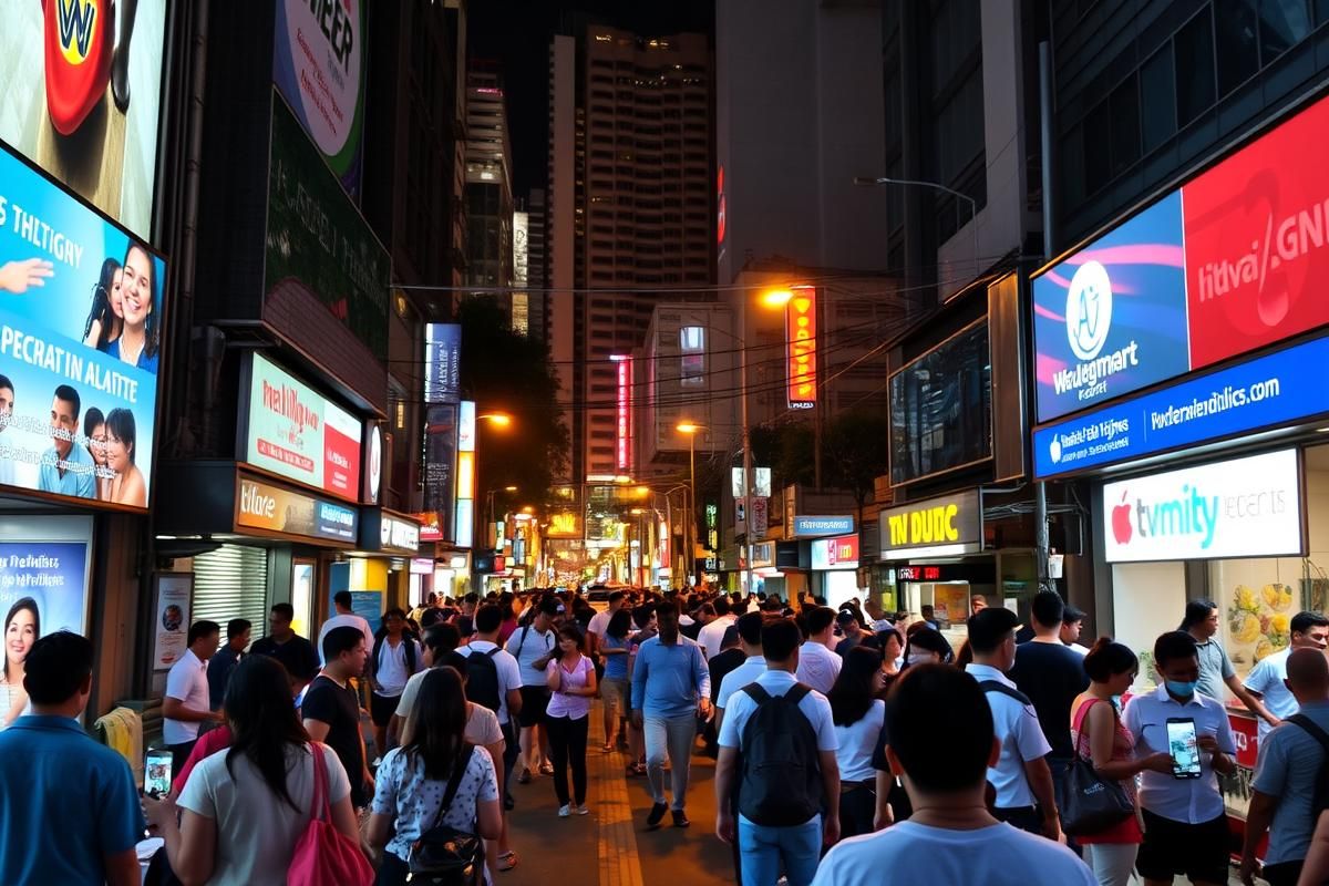 Urban scene in the Philippines highlighting the digital influence of social platforms in communities and public spaces.